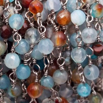 Catena rosario pietre dure agata fuoco celeste tonda 4 mm filo rodio pacco 50 cm