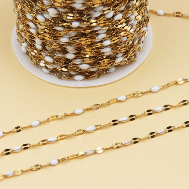 Catena in acciao oro smaltata bianca maglia ovale piatta 3x2 mm 1 mt (smal-5-1) - pietreeminuterie.com