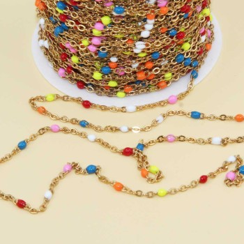Catena in acciao oro smaltata palline 1.5 mm colorate maglia 2x1.5 mm 1 mt