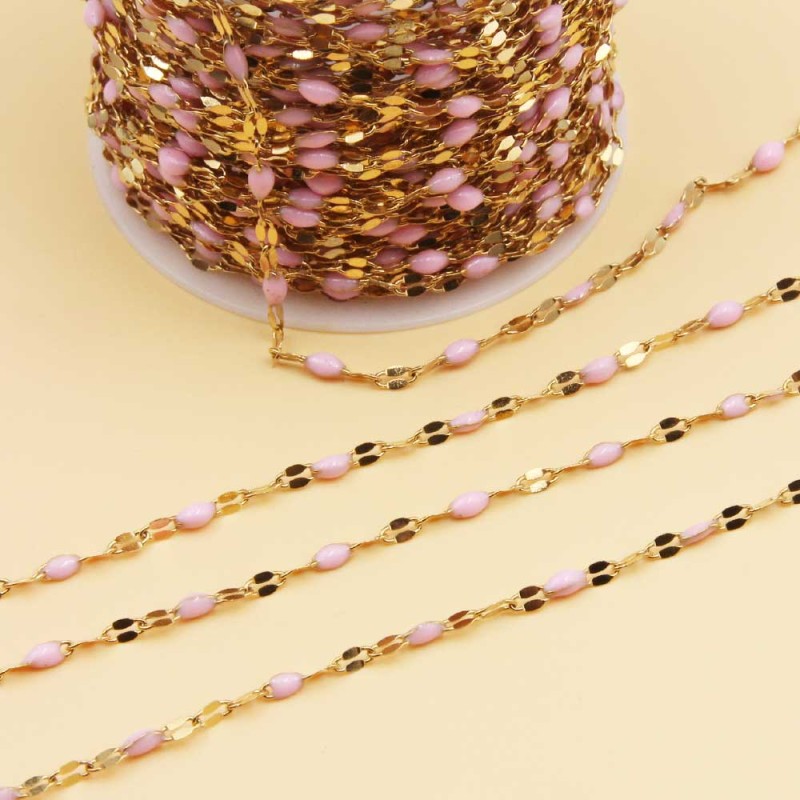 Catena in acciao oro smaltata rosa maglia ovale piatta 3x2 mm 1 mt (smal-2) - pietreeminuterie.com