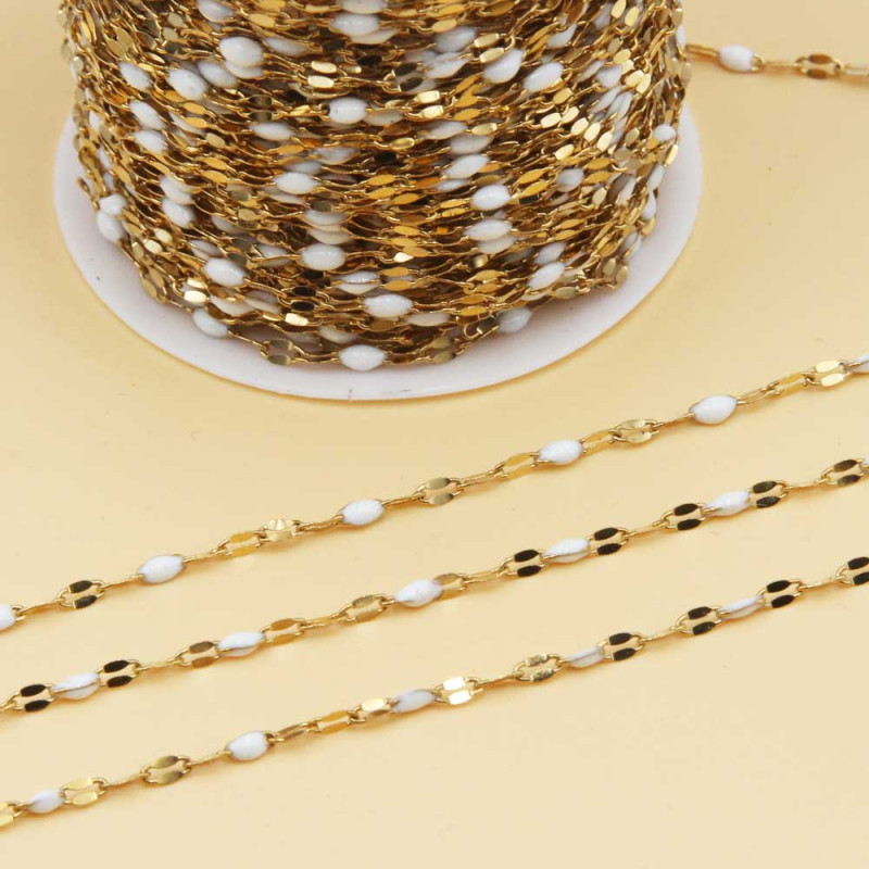 Catena in acciao oro smaltata bianca maglia ovale piatta 3x2 mm 1 mt (smal-5-1) - pietreeminuterie.com