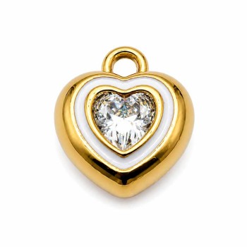 Ciondoli in acciaio cuore smaltato bianco oro con strass centrale 18 mm 1 pz