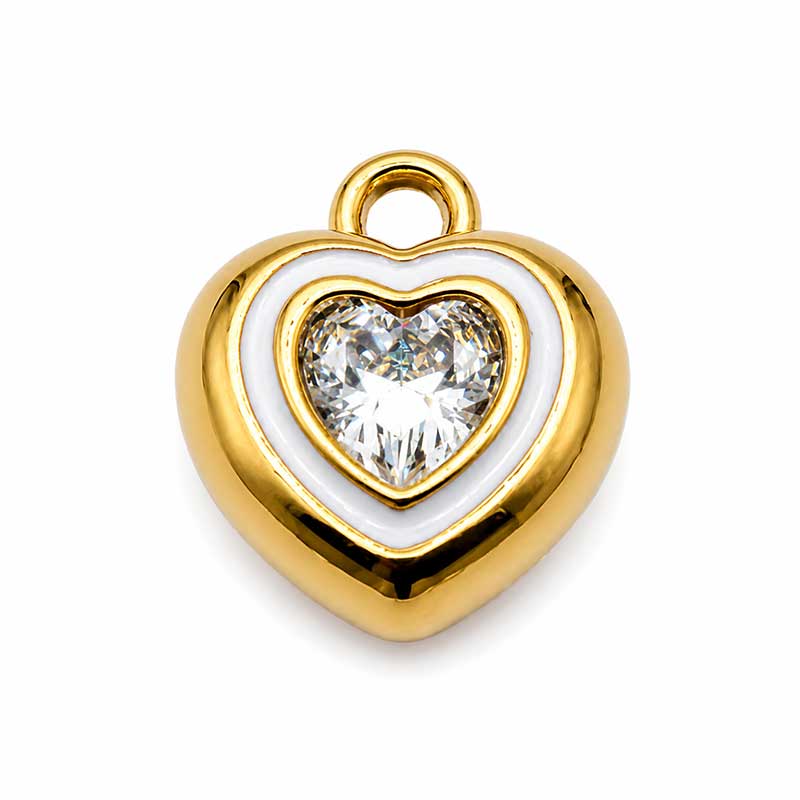 Ciondoli in acciaio cuore smaltato bianco oro con strass centrale 18 mm 1 pz Ciondoli in acciaio cuore smaltato bianco oro con strass centrale 18 mm 1 pz