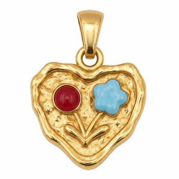 Ciondolo Charm acciaio Cuore oro 18 mm con Fiori Smaltati rosso turchese conf. 1 pz