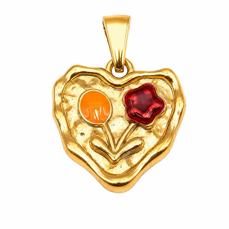 Ciondolo Charm acciaio Cuore oro 18 mm con Fiori Smaltati conf. 1 pz Ciondolo Charm acciaio Cuore oro 18 mm con Fiori Smaltati conf. 1 pz
