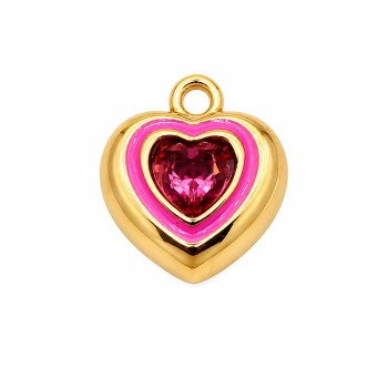 Ciondoli in acciaio cuore smaltato rosa oro con strass centrale 18 mm 1 pz
