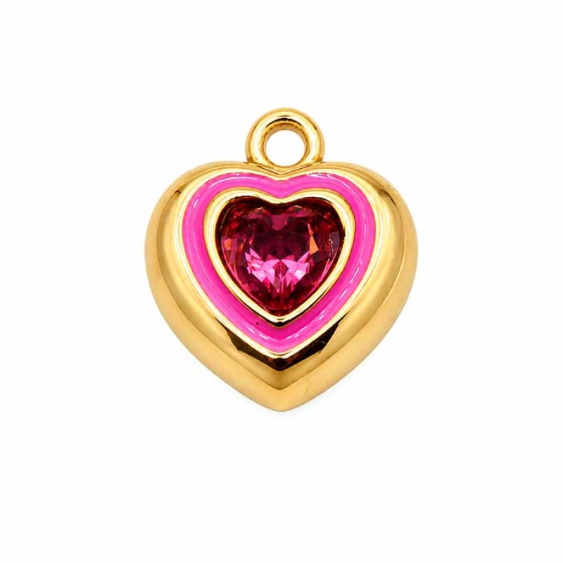 Ciondoli in acciaio cuore smaltato rosa oro con strass centrale 18 mm 1 pz Ciondoli in acciaio cuore smaltato rosa oro con strass centrale 18 mm 1 pz