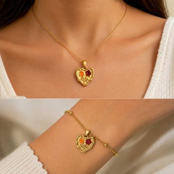 Ciondolo Charm acciaio Cuore oro 18 mm con Fiori Smaltati rosso turchese conf. 1 pz