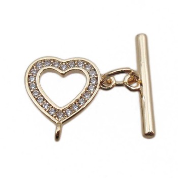 Chiusura a T Bar oro cuore strass 10 mm 1 pz Chiusura a T Bar oro cuore strass 10 mm 1 pz