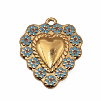 Ciondolo acciaio cuore oro smaltato azzurro 22x16 mm conf. 1 pz