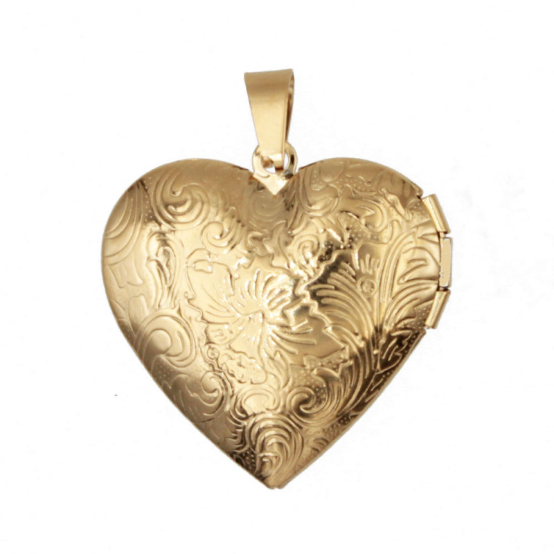 Ciondoli in acciaio oro cuore 27 mm inciso fiori conf. 1 pz 