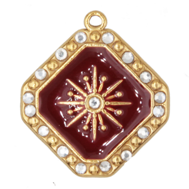 Ciondolo in acciaio con strass smaltato bordò 20x18 mm conf. 1 pz (2019-acc) - pietreeminuterie.com