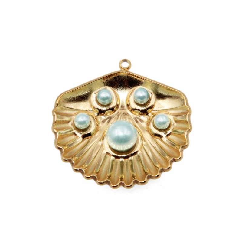Ciondolo acciaio conchiglia con perle oro 20 mm conf. 1 pz Ciondolo acciaio conchiglia con perle oro 20 mm conf. 1 pz