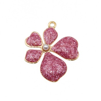 Ciondolo in acciaio fiore smaltato rosa e perla 28 mm conf. 1 pz