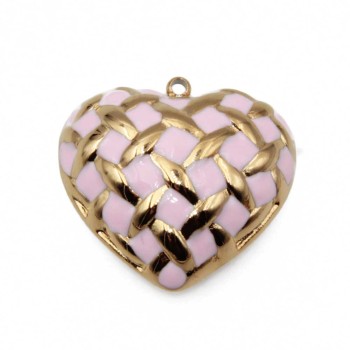 Ciondolo in acciaio oro cuore smaltato rosa 24 mm conf. 1 pz