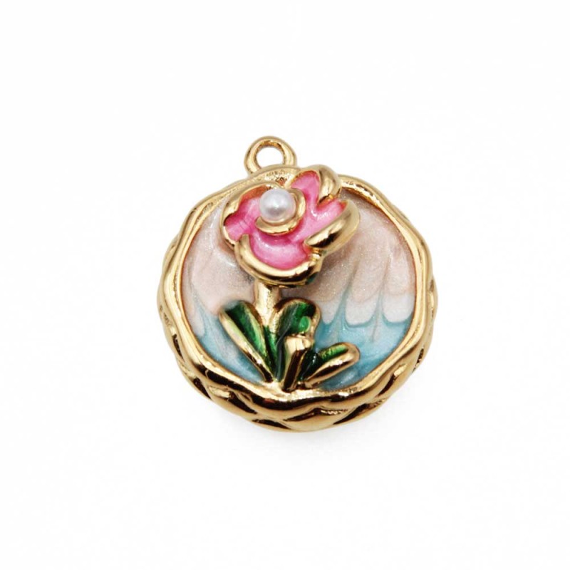 Ciondolo acciaio oro 2d smaltato fiore 18 mm conf. 1 pz Ciondolo acciaio oro 2d smaltato fiore 18 mm conf. 1 pz