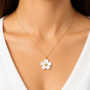 Cionddolo acciaio oro smaltato bianco fiore 27 mm conf. 1 pz Cionddolo acciaio oro smaltato bianco fiore 27 mm conf. 1 pz