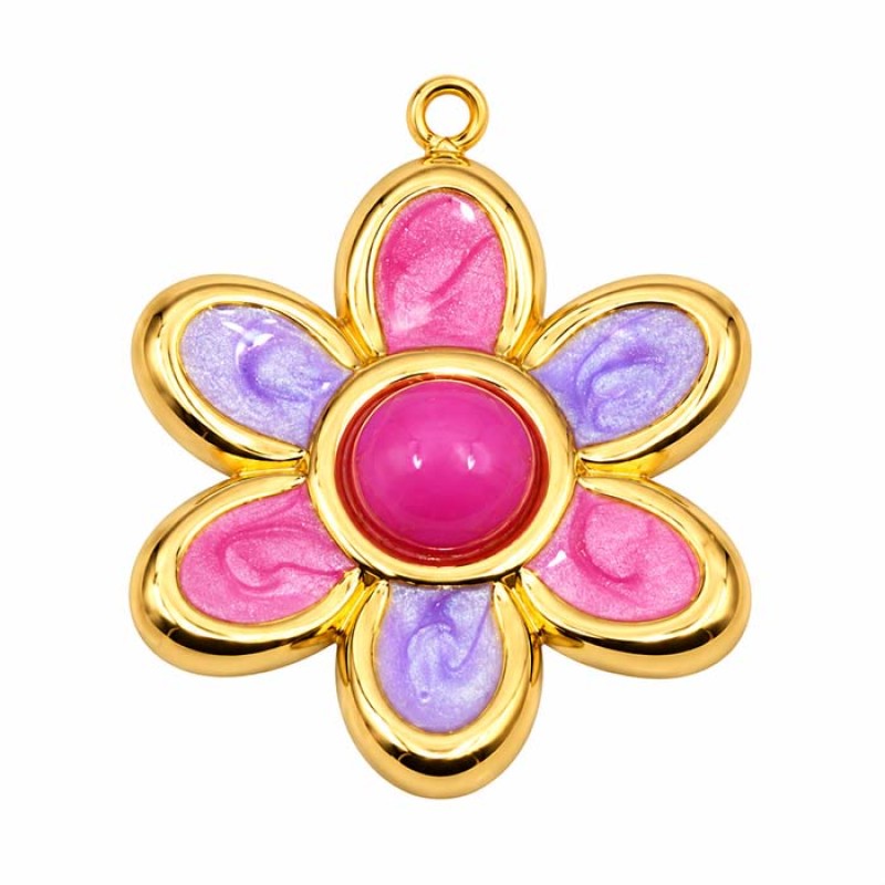 Ciondolo acciaio oro fiore rosa smaltato 25 mm conf. 1 pz Ciondolo acciaio oro fiore rosa smaltato 25 mm conf. 1 pz