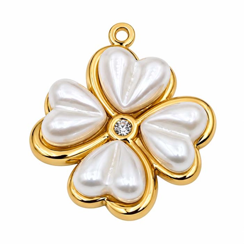 Ciondolo acciaio oro quadrifoglio perle e strass 24x20 mm 1 pz Ciondolo acciaio oro quadrifoglio perle e strass 24x20 mm 1 pz