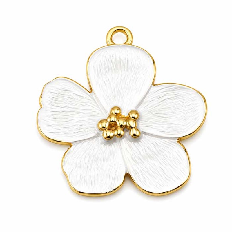 Cionddolo acciaio oro smaltato bianco fiore 27 mm conf. 1 pz Cionddolo acciaio oro smaltato bianco fiore 27 mm conf. 1 pz