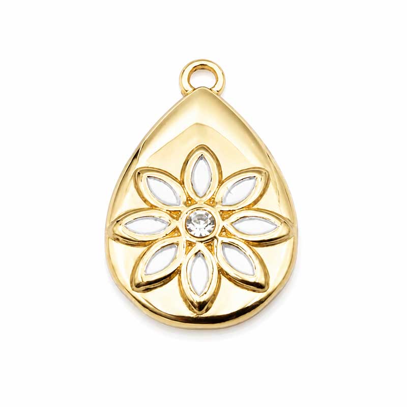 Ciondolo goccia acciaio con fiore e strass centrale 18x12 mm conf. 1 pz