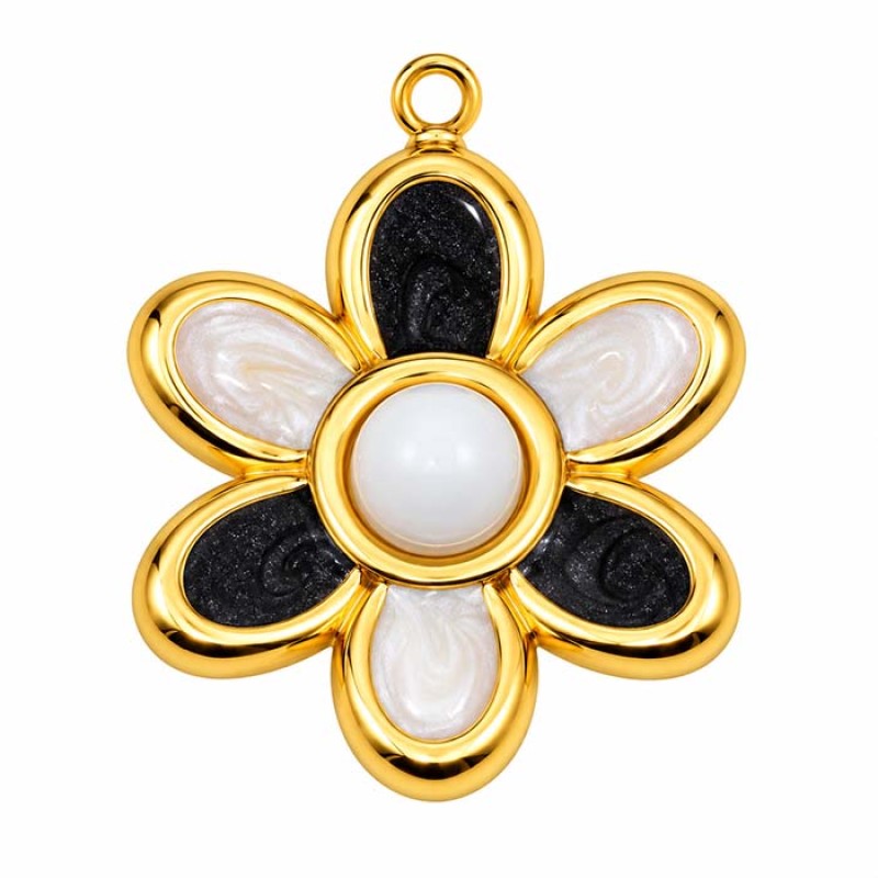 Ciondolo acciaio oro fiore bianco smaltato 25 mm conf. 1 pz Ciondolo acciaio oro fiore bianco smaltato 25 mm conf. 1 pz