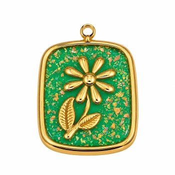 Ciondolo acciaio oro smaltato verde fiore 24x17 mm conf. 1 pz Ciondolo acciaio oro smaltato verde fiore 24x17 mm conf. 1 pz