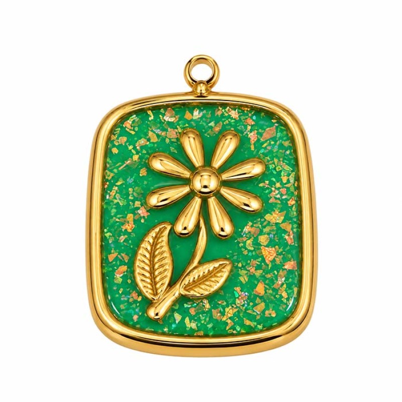 Ciondolo acciaio oro smaltato verde fiore 24x17 mm conf. 1 pz Ciondolo acciaio oro smaltato verde fiore 24x17 mm conf. 1 pz