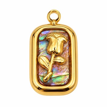 Ciondolo in acciaio oro fiore con abalone 16x10 mm conf. 1 pz Ciondolo in acciaio oro fiore con abalone 16x10 mm conf. 1 pz