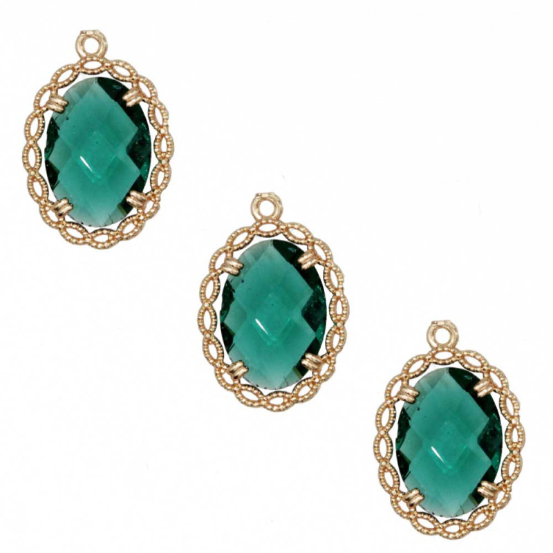 Ciondolo con cristallo e cornice decorata oro 20x14 mm dark green conf. 1 pz (ova-dec7) - pietreeminuterie.com