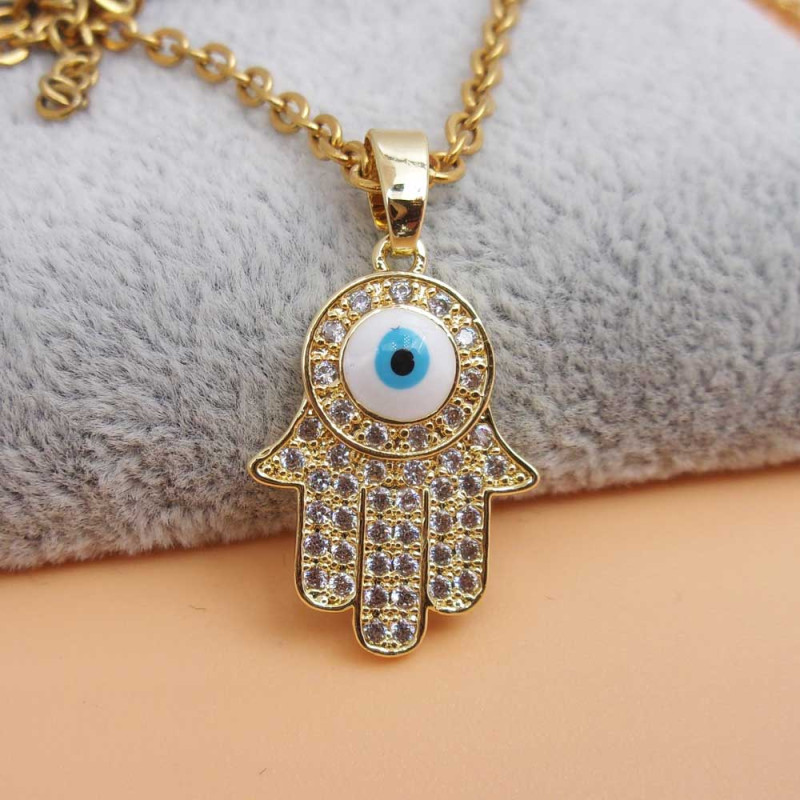 Ciondolo oro con stras mano di fatima con occhio 20x14 1 pz (fati9920) - pietreeminuterie.com