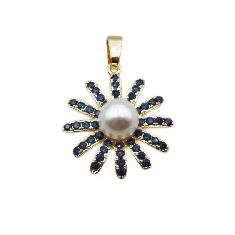 Ciondolo oro con strass blu perle bianca 20 mm 1 pz (bluper399) - pietreeminuterie.com