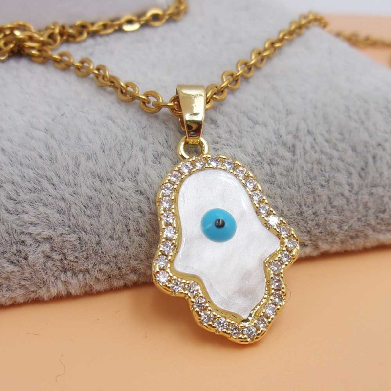 Ciondolo oro strass mano di fatima e occhio 20x15 mm 1 pz (omano91) - pietreeminuterie.com