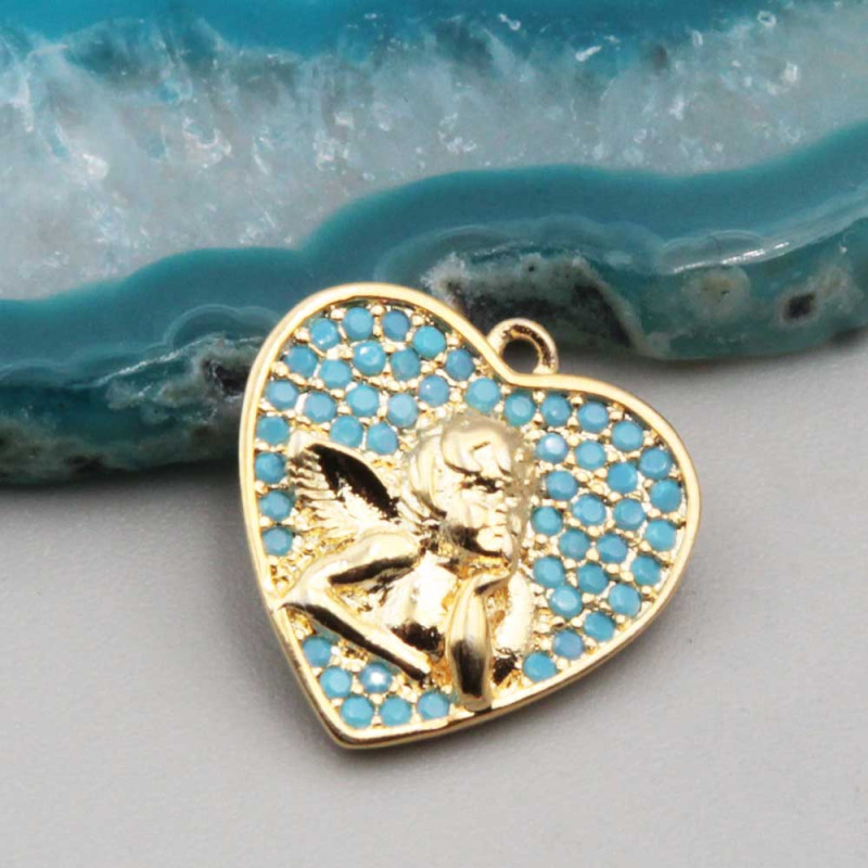 Ciondolo cuore con angioletto oro strass azzurri 15 mm conf. 1 pz 