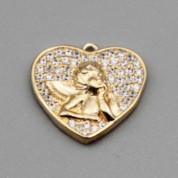 Ciondolo cuore con angioletto oro strass bianchi 15 mm conf. 1 pz