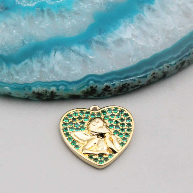 Ciondolo cuore con angioletto oro strass verdi 15 mm conf. 1 pz (hea-7773) - pietreeminuterie.com