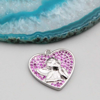 Ciondolo cuore con angioletto oro strass rosa 18 mm conf. 1 pz