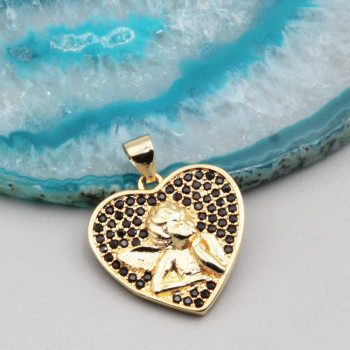 Ciondolo cuore con angioletto oro strass neri 18 mm conf. 1 pz