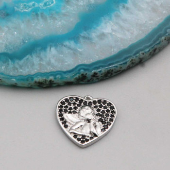 Ciondolo cuore con angioletto strass neri 15 mm conf. 1 pz