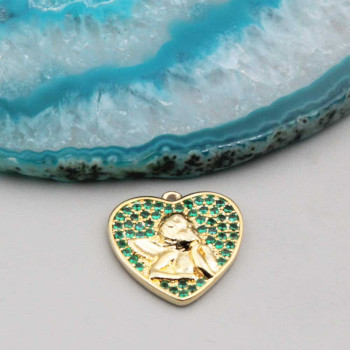 Ciondolo cuore con angioletto oro strass verdi 15 mm conf. 1 pz