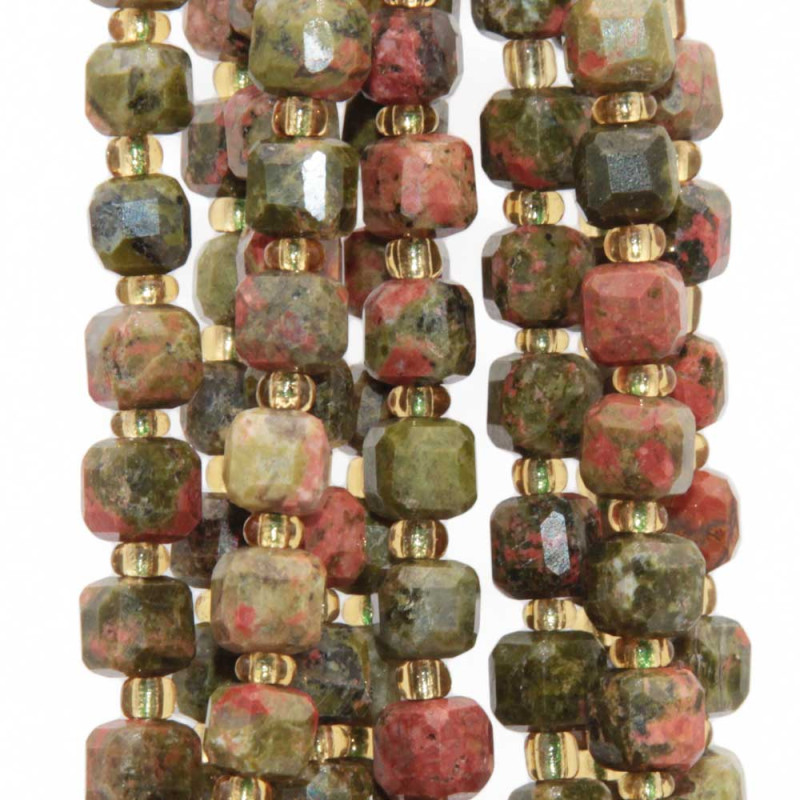 Pietre dure cubi sfac. 5 mm unakite grado A+++ filo 40 cm (cub111d) - pietreeminuterie.com