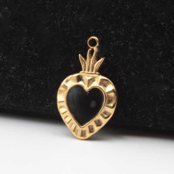 Cuore sacro acciaio oro smaltato nero 24.4x15 mm 1 pz