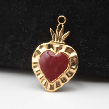 Cuore sacro acciaio oro smaltato bordò 24.4x15 mm 1 pz