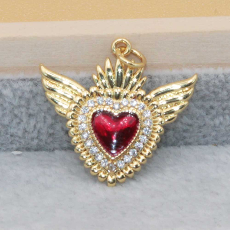 Cuore sacro con ali placcato oro 18 kt 22x23 mm smaltato rosso 1 pz (heart-01-97) - pietreeminuterie.com