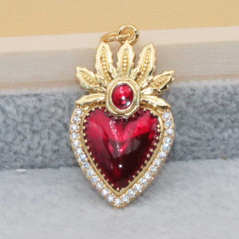 Cuore sacro con ali placcato oro 18 kt 26x15 mm smaltato rosso 1 pz (heart-01-k1) - pietreeminuterie.com