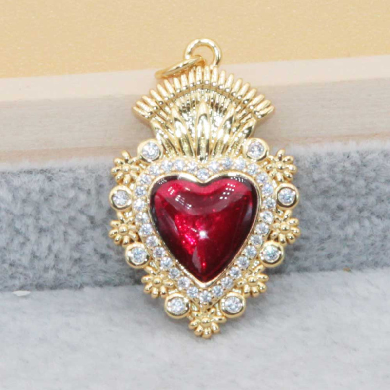 Cuore sacro con ali placcato oro 18 kt 28x17 mm smaltato rosso 1 pz (heart-01-a1) - pietreeminuterie.com