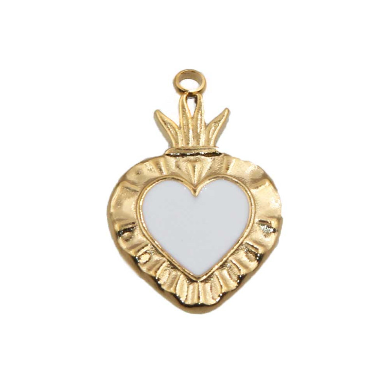 Cuore sacro acciaio oro smaltato bianca 24.4x15 mm 1 pz (hy-11-a2) - pietreeminuterie.com