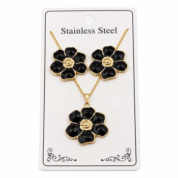 Set collana e orecchini fiori neri in acciaio oro 45 cm circa 