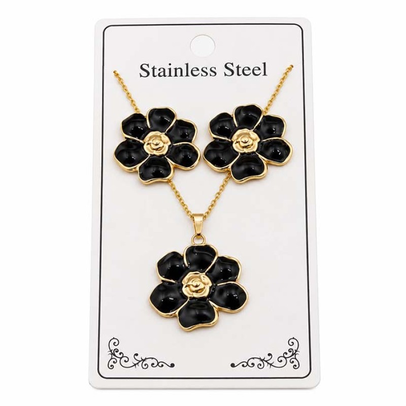 Set collana e orecchini fiori neri in acciaio oro 45 cm circa 