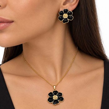 Set collana e orecchini fiori neri in acciaio oro 45 cm circa 
